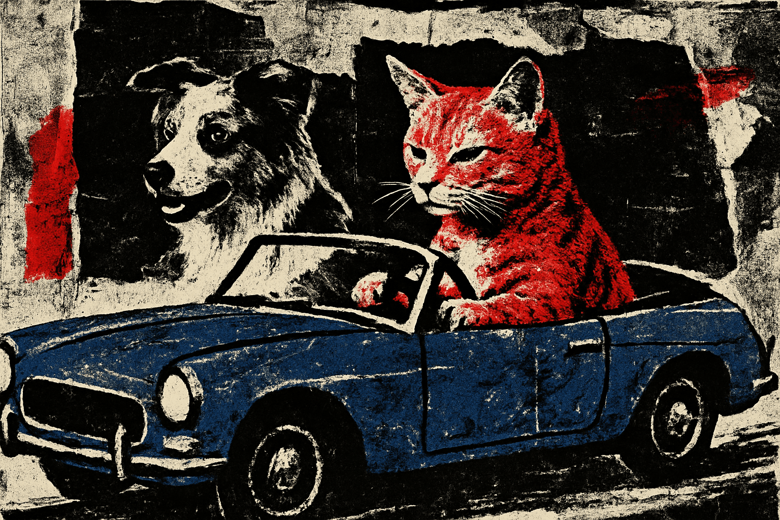 Mixed-media collage aesthetic with distressed textures; high-contrast black-and-white palette with selective red accents; harsh, uneven lighting with strong shadows; torn paper edges and layered, overlapping elements; chaotic, asymmetrical composition with raw, unrefined energy; inspired by punk zine culture and Dadaist collage techniques
Model: openai:gpt-image-1