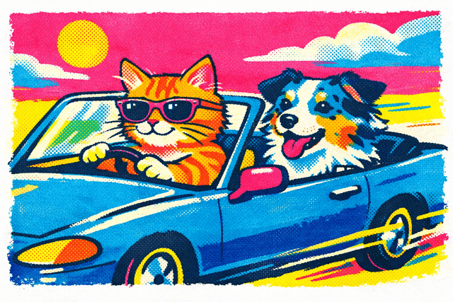 Risograph printmaking aesthetic with layered halftone textures; limited spot-color palette (vibrant cyan, magenta, and yellow); soft, diffused ambient lighting; rough, organic edges with visible ink bleed; flat, unmodulated color blocks; asymmetrical composition with zine-inspired DIY charm; inspired by indie print culture and underground comics
Model: openai:gpt-image-1.5