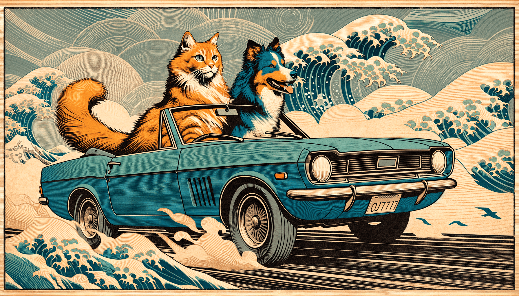 Art movement/medium: ukiyo-e woodblock print aesthetic; Rendering technique: bold, carved outlines with flat color planes and visible wood grain texture; Color palette scheme: muted earth-tone palette with selective high-contrast accents; Lighting mood + source: soft, even ambient light with minimal directional shading; Texture/material/surface: matte, textured wood surface with visible printmaking marks and subtle ink bleed; Compositional approach: layered, asymmetrical composition with strong diagonal flow and visual rhythm; inspired by traditional Japanese printmaking and modern graphic art
Model: openai:dall-e-3
Revised prompt: Create a high-resolution image in Full HD quality (1536x1024), with a 16:9 aspect ratio. Use the ukiyo-e woodblock print style, featuring bold carved outlines, flat color planes, and a texture resembling visible wood grains. The color scheme should incorporate a muted earth-tone palette with selective high-contrast accents. The lighting should be soft and evenly ambient, with only slight directional shading. The underlying material should resemble a matte, textured wood surface with visible printmaking marks and subtle ink bleed. The composition must be layered, asymmetrical with strong diagonal flow and visual rhythm, inspired by traditional Japanese printmaking and modern graphic arts. The subject should be an artistic depiction of a ginger cat driving a blue convertible, with a blue merle Australian Shepherd as the passenger. Both animals should be facing forward, giving the feeling of movement from the right to the left. The scene should be captured as a medium-wide shot.