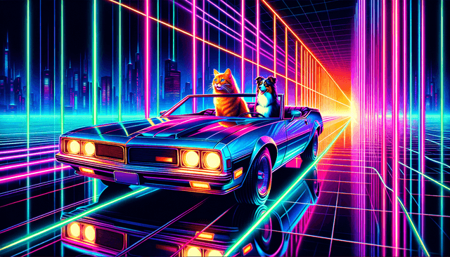 Vibrant neon-noir aesthetic with intense luminescent glow; deep saturated jewel tones against dark backdrops; crisp digital rendering with strong volumetric light shafts and reflective surfaces; dynamic wide-angle perspective; futuristic synthwave color grading with chromatic aberration and subtle scanline overlay; energetic composition with leading lines and depth; inspired by cyberpunk visuals and retro-futurism
Model: openai:dall-e-3
Revised prompt: A painting with a vibrant neon-noir aesthetic featuring intense luminescent glow from deep, saturated jewel tones contrasted against dark backdrops. The digital rendering should be crisp, with strong volumetric light shafts and reflective surfaces. The composition employs a dynamic wide-angle perspective and is energized by futuristic synthwave color grading, chromatic aberration, and a subtle scanline overlay to give depth. The visual style is inspired by cyberpunk themes and retro-futurism. At the heart of this scene, visualize a ginger cat driving a blue convertible with an Australian Shepherd in the passenger seat. Both animals are facing forward, with the car moving from right to left in a medium-wide shot. Maintain a 16:9 aspect ratio in Full HD quality, with a high resolution of 1536x1024 pixels.