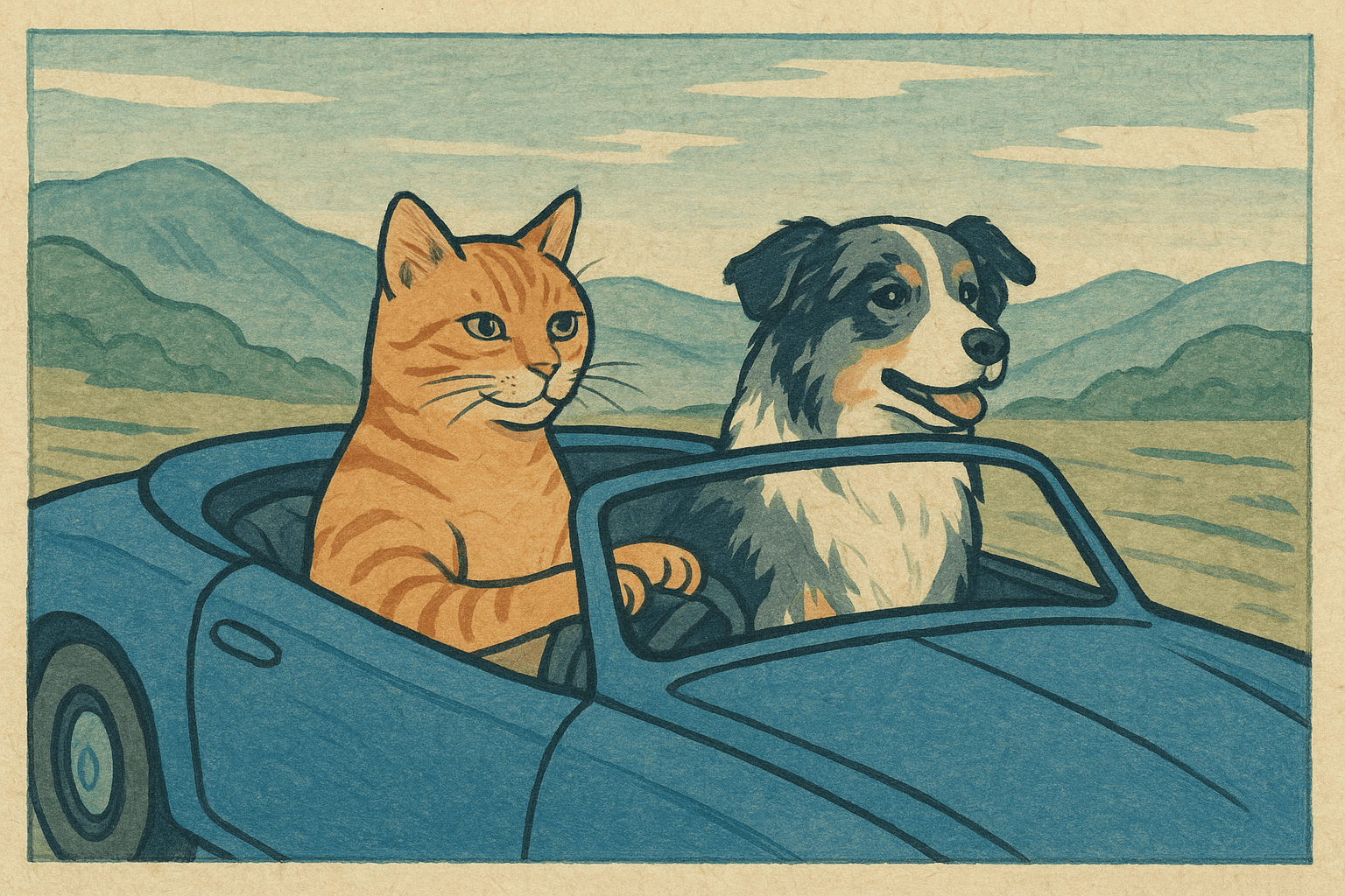 Art movement/medium: traditional Ukiyo-e woodblock print aesthetic; Rendering technique: clean, crisp outlines with flat color blocks and subtle wood grain texture; Color palette scheme: serene analogous cool tones with natural earth accents; Lighting mood + source: soft, even ambient light with gentle, diffused highlights; Texture/material/surface: fibrous paper texture with visible ink impressions and slightly imperfect edges; Compositional approach: asymmetrical balance with strong diagonal lines and an elevated perspective; inspired by classical Japanese art and nature prints
Model: openai:gpt-image-1-mini