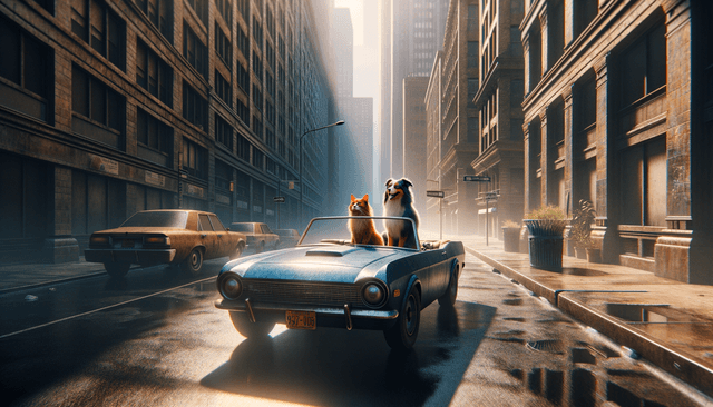 Gritty urban photorealistic aesthetic; harsh, direct midday sunlight creating deep, contrasting shadows; desaturated, earthy color palette with muted industrial tones and subtle metallic sheen; sharp focus with high textural detail and fine grain; shallow depth of field with bokeh; raw, unpolished mood; inspired by street photography and realist painting
Model: openai:dall-e-3
Revised prompt: Imagine an image rendered in a photorealistic style, capturing the harsh, direct midday sunlight filtering through the gritty urban environment, casting deep contrasting shadows. The prevailing desaturated, earthy color palette is punctuated by muted industrial tones and subtle metallic sheen. High textural detail is balanced with a shallow depth of field, creating an intriguing bokeh effect. This raw, unpolished mood is inspired by street photography and realism. In the center of this dynamic scene, imagine a ginger cat, acting as the driver, and an Australian Shepherd, sitting in the passenger seat, both of them facing forward. They are in a blue convertible, moving from right to left, presented in a medium-wide shot. The image is in 16:9 aspect ratio, in Full HD quality with high resolution of 1536x1024.