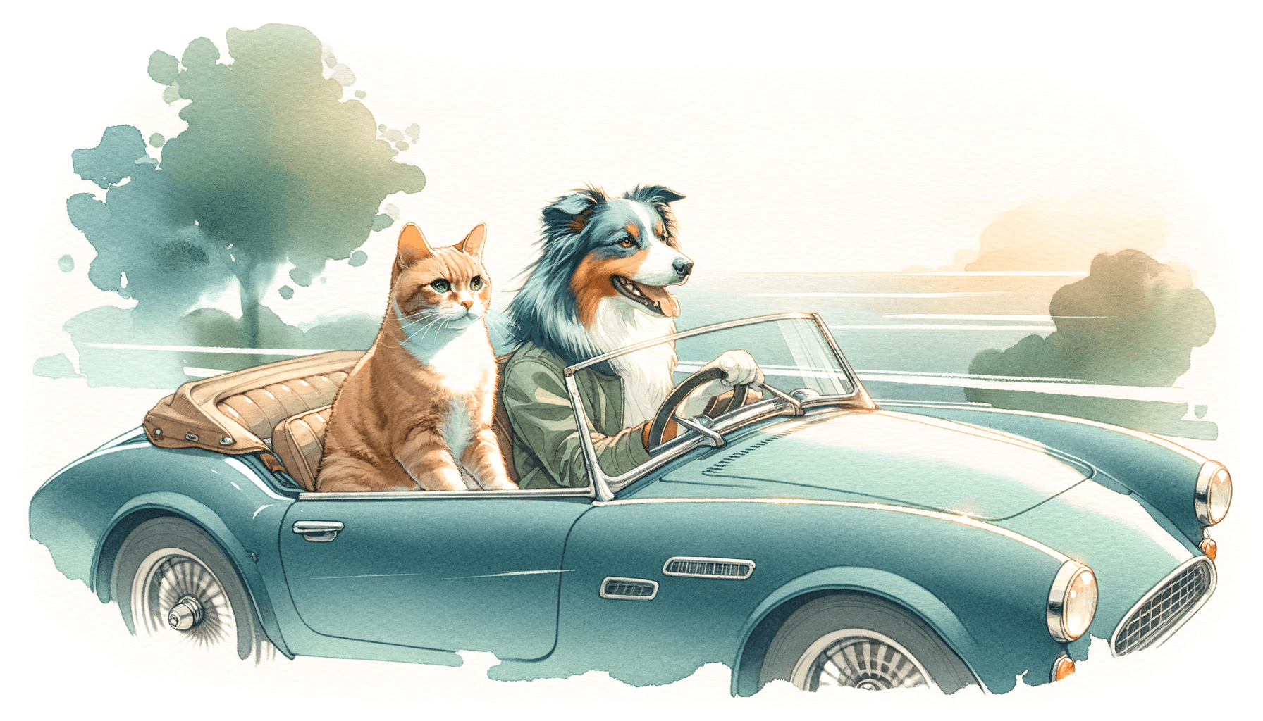 Delicate watercolor wash with minimal linework; diffuse high-key daylight; analogous cool greens and teals with warm neutral accents; soft paper texture and gentle pigment blooms; loose organic edges and restrained negative space; calm, airy mood with subtle soft-focus and naturalistic tonal transitions; contemporary watercolor illustration influence
Model: openai:dall-e-3
Revised prompt: Imagine a scene with a delicate balance of cool greens and teals accented with warm neutral tones. Make use of minimal linework, depict organic edges, and use negative space effectively. Set in a diffuse daylight setting, we see a ginger cat in the driver seat of a moving blue convertible. In the passenger seat, an Australian Shepherd dog appears. The car is moving from right to left, and they are both facing forward, enjoying their journey. The mood is calm and airy, with subtly soft-focus and naturalistic tonal transitions. Render this contemporary watercolor illustration in a 16:9 aspect ratio at full HD quality, displaying the soft paper texture and gentle pigment blooms of watercolor style. The image resolution is high, 1536x1024.