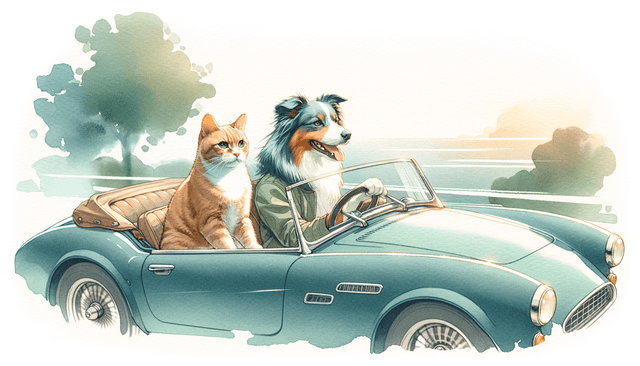 Delicate watercolor wash with minimal linework; diffuse high-key daylight; analogous cool greens and teals with warm neutral accents; soft paper texture and gentle pigment blooms; loose organic edges and restrained negative space; calm, airy mood with subtle soft-focus and naturalistic tonal transitions; contemporary watercolor illustration influence
Model: openai:dall-e-3
Revised prompt: Imagine a scene with a delicate balance of cool greens and teals accented with warm neutral tones. Make use of minimal linework, depict organic edges, and use negative space effectively. Set in a diffuse daylight setting, we see a ginger cat in the driver seat of a moving blue convertible. In the passenger seat, an Australian Shepherd dog appears. The car is moving from right to left, and they are both facing forward, enjoying their journey. The mood is calm and airy, with subtly soft-focus and naturalistic tonal transitions. Render this contemporary watercolor illustration in a 16:9 aspect ratio at full HD quality, displaying the soft paper texture and gentle pigment blooms of watercolor style. The image resolution is high, 1536x1024.