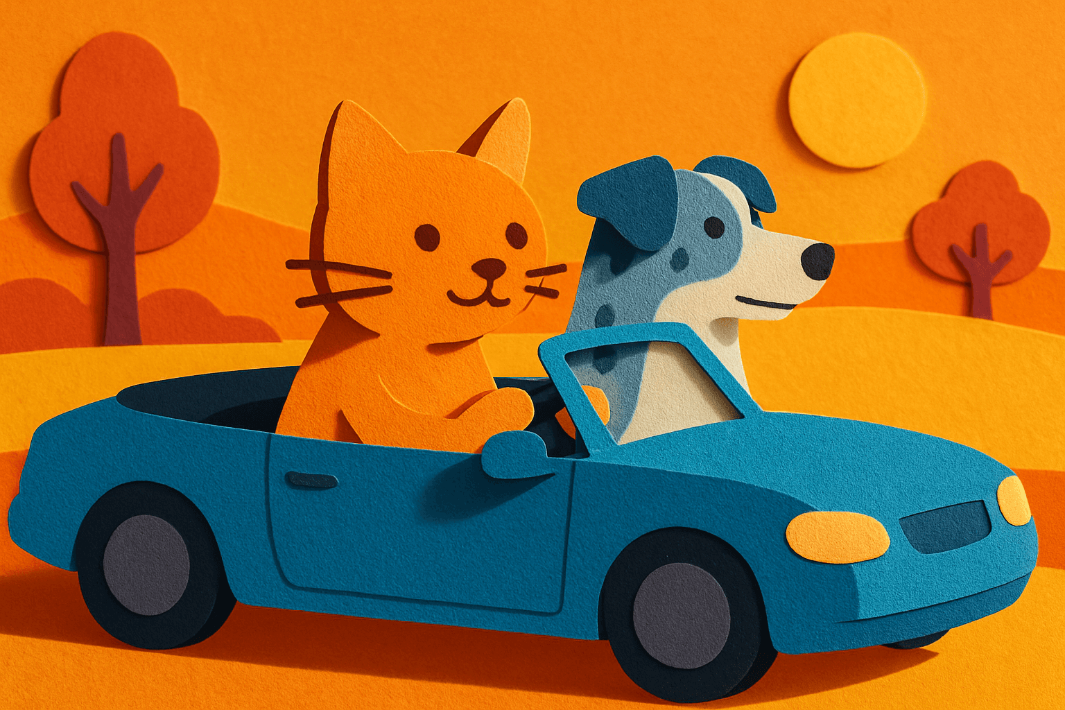 Art movement/medium: paper cutout diorama aesthetic; Rendering technique: crisp, layered silhouettes with sharp edges and minimal internal detail; Color palette scheme: vibrant analogous hues with subtle complementary accents; Lighting mood + source: soft, directional light casting distinct, clean shadows; Texture/material/surface: matte, textured paper surface with visible fiber and slight dimensional relief; Compositional approach: shallow depth of field with foreground, midground, and background layers creating visual depth through overlap; inspired by traditional papercraft and contemporary illustration
Model: openai:gpt-image-1