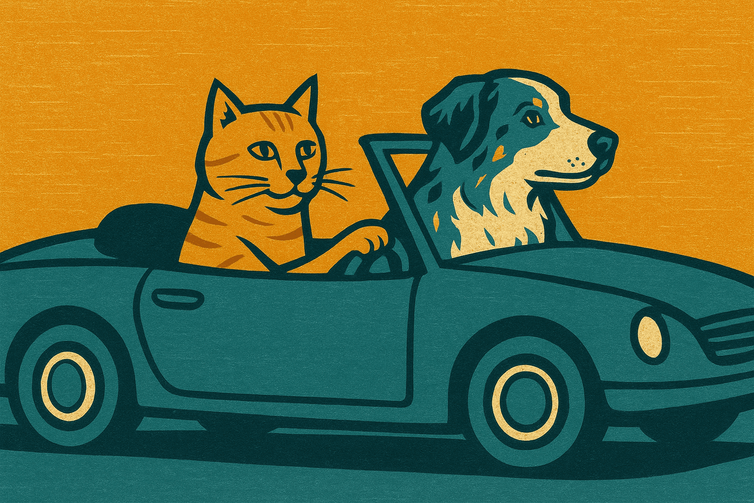 Linocut printmaking aesthetic with bold, graphic forms; high-contrast color blocking using a split-complementary palette of warm amber and cool teal; crisp, clean lines with minimal internal detail; flat, even lighting with subtle texture; smooth, matte surface with faint relief impressions; balanced, symmetrical composition with strong horizontal and vertical alignment
Model: openai:gpt-image-1-mini