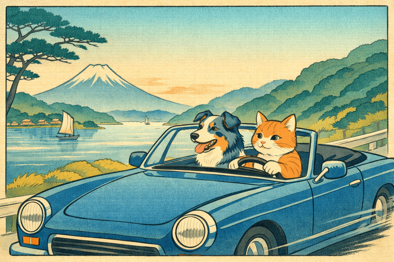 Art movement/medium: Ukiyo-e woodblock print aesthetic; Rendering technique: crisp, flowing outlines with flat, unmodulated color blocks and subtle bokashi gradients; Color palette scheme: serene analogous blues and greens with warm ochre accents; Lighting mood+source: soft, ambient light with even illumination, evoking a tranquil dawn; Texture/material/surface: delicate paper grain with subtle ink bleed and visible woodblock texture; Compositional approach: asymmetric balance with strong diagonal elements and a sense of depth through overlapping planes; inspired by traditional Japanese woodblock art
Model: openai:gpt-image-1.5