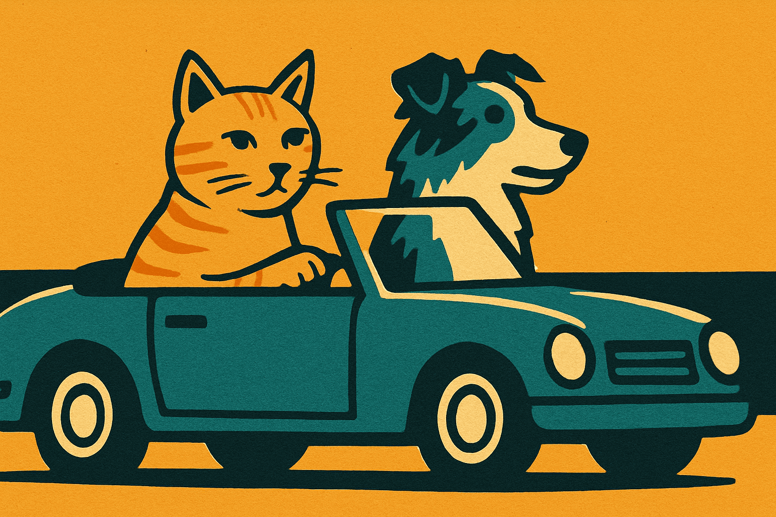 Linocut printmaking aesthetic with bold, graphic forms; high-contrast color blocking using a split-complementary palette of warm amber and cool teal; crisp, clean lines with minimal internal detail; flat, even lighting with subtle texture; smooth, matte surface with faint relief impressions; balanced, symmetrical composition with strong horizontal and vertical alignment
Model: openai:gpt-image-1