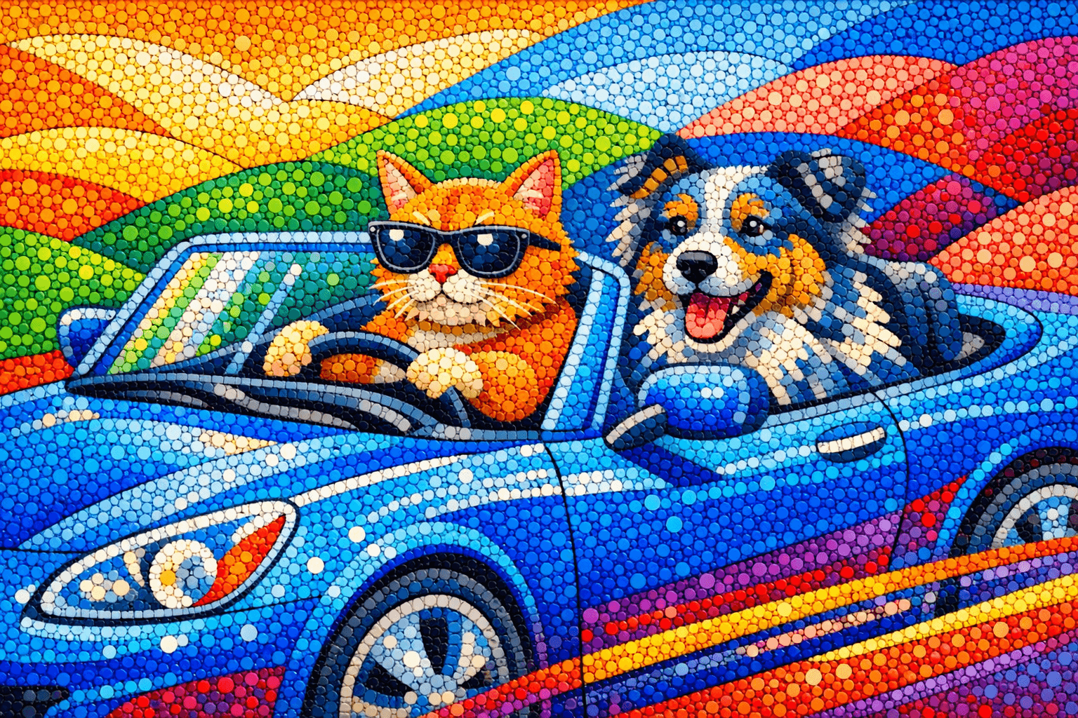 Art movement/medium: abstract pointillist mosaic aesthetic; Rendering technique: dense, intricate dot patterns with precise color placement; Color palette scheme: bright, complementary palette with high saturation and distinct color separation; Lighting mood + source: soft, diffused ambient light with minimal shadow; Texture/material/surface: smooth, glossy surface with subtle reflective sheen; Compositional approach: fragmented, interlocking composition with emphasis on color harmony and visual rhythm
Model: openai:gpt-image-1.5