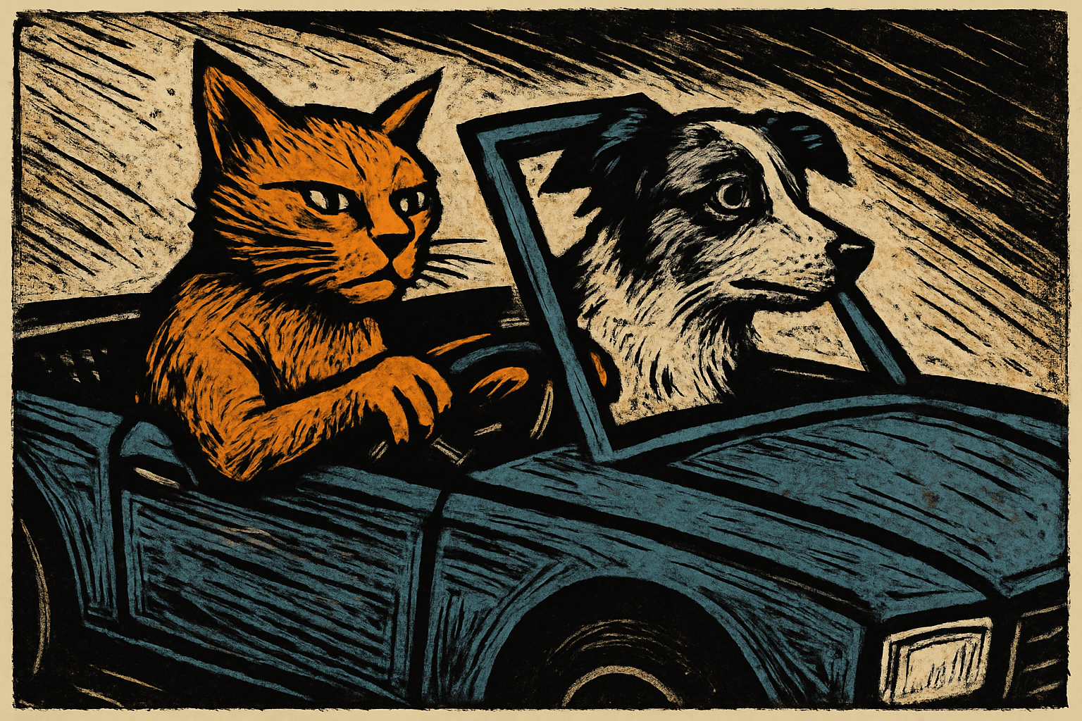 Art movement/medium: linocut printmaking aesthetic; Rendering technique: bold, carved lines with high-contrast ink application and visible tool marks; Color palette scheme: muted earth tones with stark black and white accents; Lighting mood + source: harsh, directional light creating strong chiaroscuro effects; Texture/material/surface: rough, fibrous paper texture with ink bleed and relief impressions; Compositional approach: dynamic, angular compositions with exaggerated perspectives and raw, emotional intensity; inspired by German Expressionist woodcuts and political poster art
Model: openai:gpt-image-1