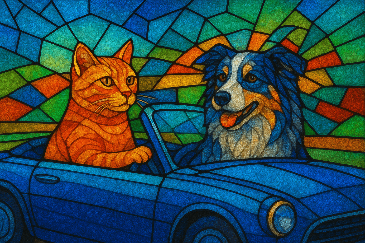 Stained-glass mosaic aesthetic; art movement/medium: stained-glass mosaic; rendering technique: bold leaded outlines with segmented flat color panes; color palette scheme: jewel-tone spectrum with saturated complementary accents; lighting mood + source: strong transmitted light producing internal luminosity; texture/material/surface: faceted glass sheen with subtle bevel highlights; compositional approach: geometric rhythm and balanced tessellation
Model: openai:gpt-image-1-mini