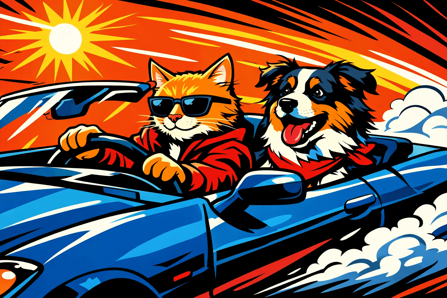 Vibrant graphic novel aesthetic; dynamic, bold outlines with flat, unshaded color blocks; high-key, theatrical lighting from a single strong source creating sharp, defined shadows; energetic, complementary color palette with punchy primary accents; strong leading lines and dramatic angles; inspired by pop art and comic book illustration
Model: openai:gpt-image-1.5