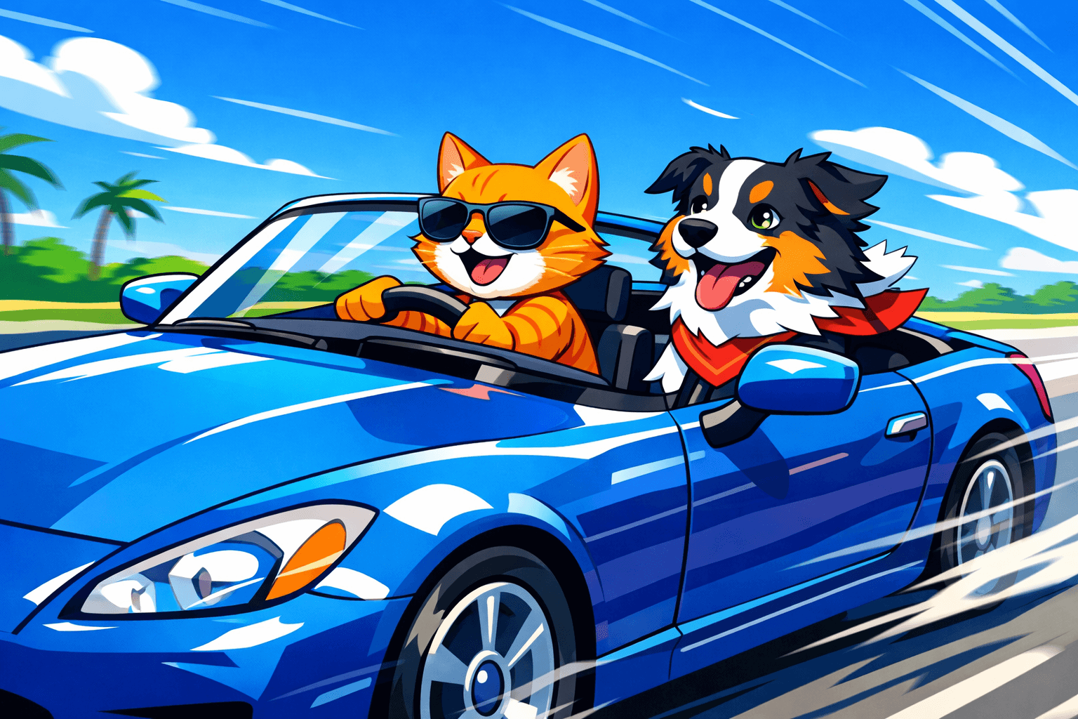 Vivid cel-shaded animation aesthetic; clean, bright key lighting with subtle rim light; high saturation primary and secondary color palette; smooth, untextured surfaces with sharp, defined shadows; dynamic motion blur and forced perspective; optimistic, energetic mood with clear visual storytelling; inspired by classic animation and modern game art
Model: openai:gpt-image-1.5