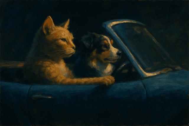 Low-key chiaroscuro mood with dramatic side lighting; cool complementary palette (deep indigo vs muted amber); tactile oil-paint rendering with visible brushwork and impasto highlights; shallow depth-of-field with softened bokeh edges; cinematic telephoto framing; restrained contrast with rich midtones; handcrafted painterly realism
Model: openai:gpt-image-1