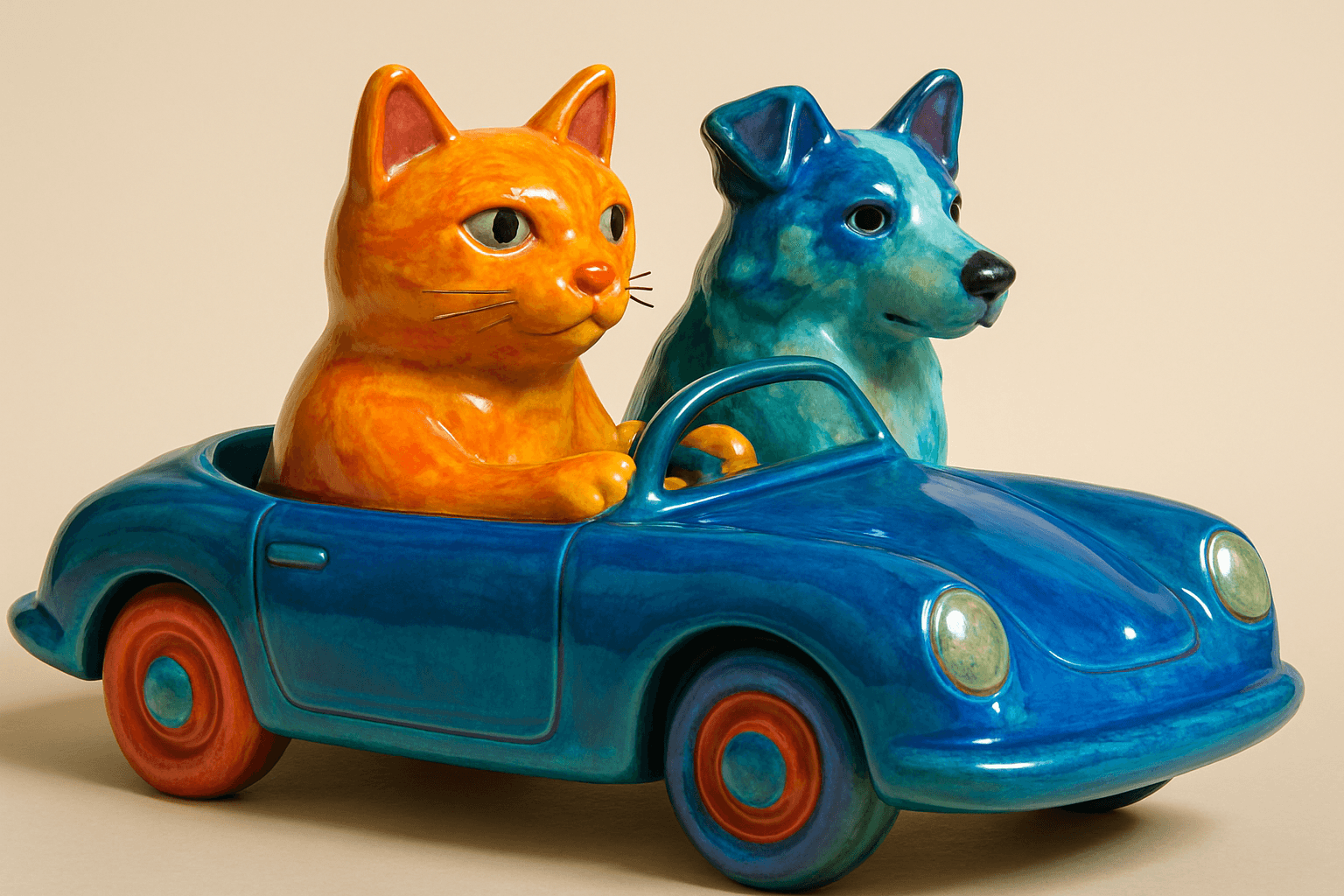 Art movement/medium: glazed ceramic aesthetic; Rendering technique: smooth, high-sheen surfaces with subtle crackle glaze textures and rounded forms; Color palette scheme: vibrant complementary palette with iridescent accents and deep, saturated tones; Lighting mood + source: soft, even studio lighting creating gentle reflections and minimal shadows; Texture/material/surface: glossy ceramic surface with visible brushstrokes and a slight tactile quality; Compositional approach: whimsical, organic compositions with flowing lines and a sense of playful balance; inspired by mid-century modern ceramics and contemporary sculptural art
Model: openai:gpt-image-1