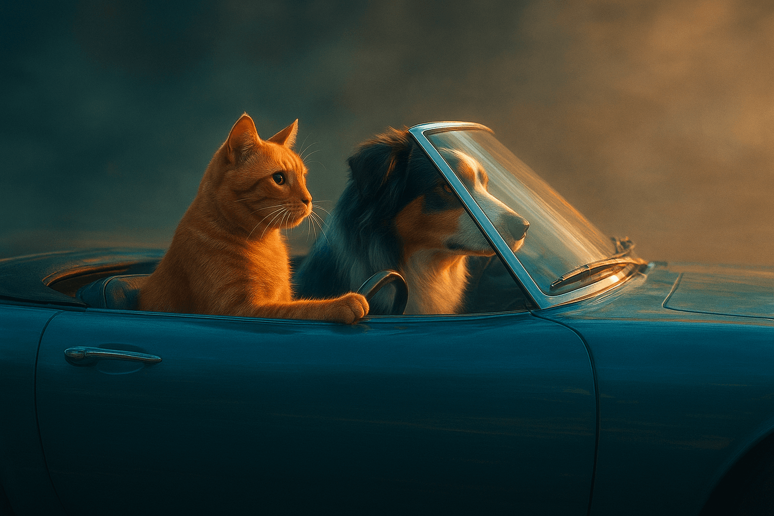 Cinematic, high dynamic range with teal-orange color grading; dramatic rim lighting; soft volumetric haze; shallow depth of field at mid-long focal length; subtle film grain; painterly digital rendering with crisp edges; glassy reflections and specular highlights; motion blur to imply speed; precise camera framing with a 16:9 composition; clean silhouette separation; emphasis on light behavior and color temperature
Model: openai:gpt-image-1-mini