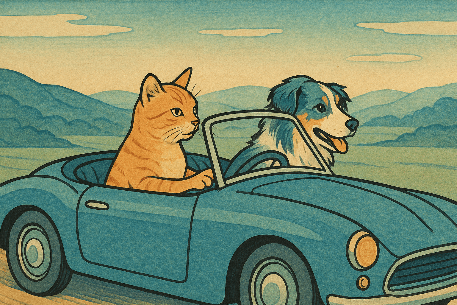 Art movement/medium: Ukiyo-e woodblock print aesthetic; Rendering technique: crisp, flowing outlines with flat, unmodulated color blocks and subtle bokashi gradients; Color palette scheme: serene analogous blues and greens with warm ochre accents; Lighting mood+source: soft, ambient light with even illumination, evoking a tranquil dawn; Texture/material/surface: delicate paper grain with subtle ink bleed and visible woodblock texture; Compositional approach: asymmetric balance with strong diagonal elements and a sense of depth through overlapping planes; inspired by traditional Japanese woodblock art
Model: openai:gpt-image-1-mini