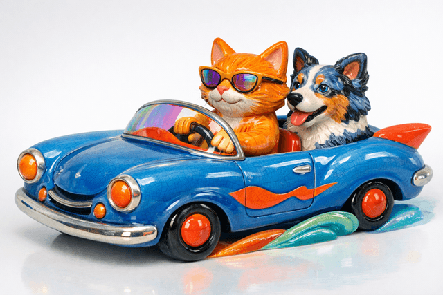 Art movement/medium: glazed ceramic aesthetic; Rendering technique: smooth, high-sheen surfaces with subtle crackle glaze textures and rounded forms; Color palette scheme: vibrant complementary palette with iridescent accents and deep, saturated tones; Lighting mood + source: soft, even studio lighting creating gentle reflections and minimal shadows; Texture/material/surface: glossy ceramic surface with visible brushstrokes and a slight tactile quality; Compositional approach: whimsical, organic compositions with flowing lines and a sense of playful balance; inspired by mid-century modern ceramics and contemporary sculptural art
Model: openai:gpt-image-1.5