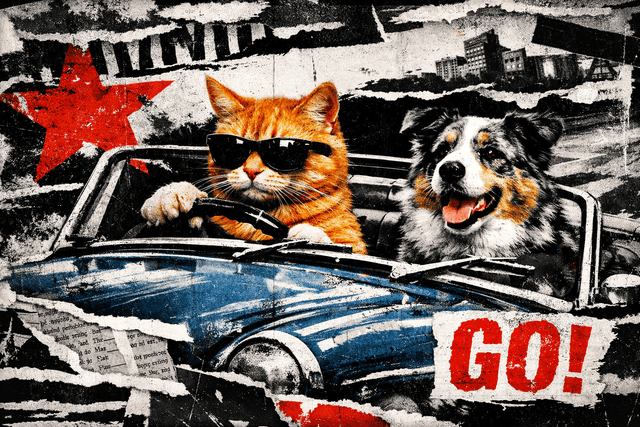 Mixed-media collage aesthetic with distressed textures; high-contrast black-and-white palette with selective red accents; harsh, uneven lighting with strong shadows; torn paper edges and layered, overlapping elements; chaotic, asymmetrical composition with raw, unrefined energy; inspired by punk zine culture and Dadaist collage techniques
Model: openai:gpt-image-1.5