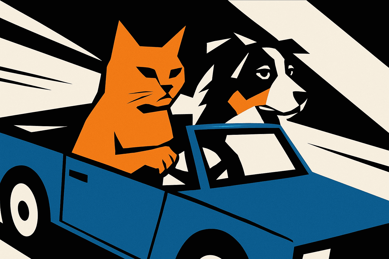 High-contrast monochromatic palette with sharp geometric abstraction; stark black and white composition; bold, angular forms with precise edges; flat, graphic rendering devoid of shading; dynamic asymmetry and strong diagonals; influenced by constructivist design and minimalist graphic art; crisp, clean lines with no texture or depth cues
Model: openai:gpt-image-1