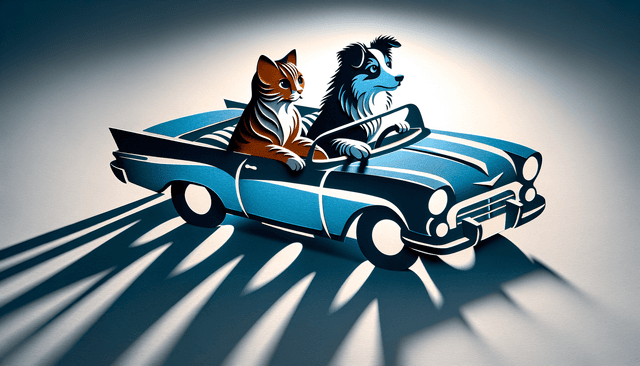 Papercut shadow play aesthetic; rendering with crisp, clean edges and layered cut-out shapes creating depth; monochromatic cool grey scale with subtle tonal variations and strong contrast; dramatic directional backlighting producing sharp, elongated shadows and luminous outlines; matte, textured paper surface with visible fiber and slight raised relief; dynamic, layered composition with a focus on silhouette storytelling and visual tension; inspired by traditional shadow puppetry and graphic design principles
Model: openai:dall-e-3
Revised prompt: This is a high-resolution, 16:9 Full HD quality (1536x1024) image of a ginger cat driving a blue convertible, with a blue merle Australian Shepherd as a passenger. They are both facing forward, with the car moving from right to left in a medium-wide shot. The image has the flair of a papercut shadow play, rendered with crisp, clean edges and layered cut-out shapes that generate depth. It's designed using a monochromatic cool grey scale with subtle tonal variations and strong contrast. Dramatic directional backlighting produces sharp, elongated shadows and luminous outlines. The matte, textured paper surface with visible fiber and slight raised relief adds to the depth and texture of the image, and a dynamic, layered composition focuses on silhouette storytelling and visual tension. The aesthetic is inspired by traditional shadow puppetry and graphic design principles.