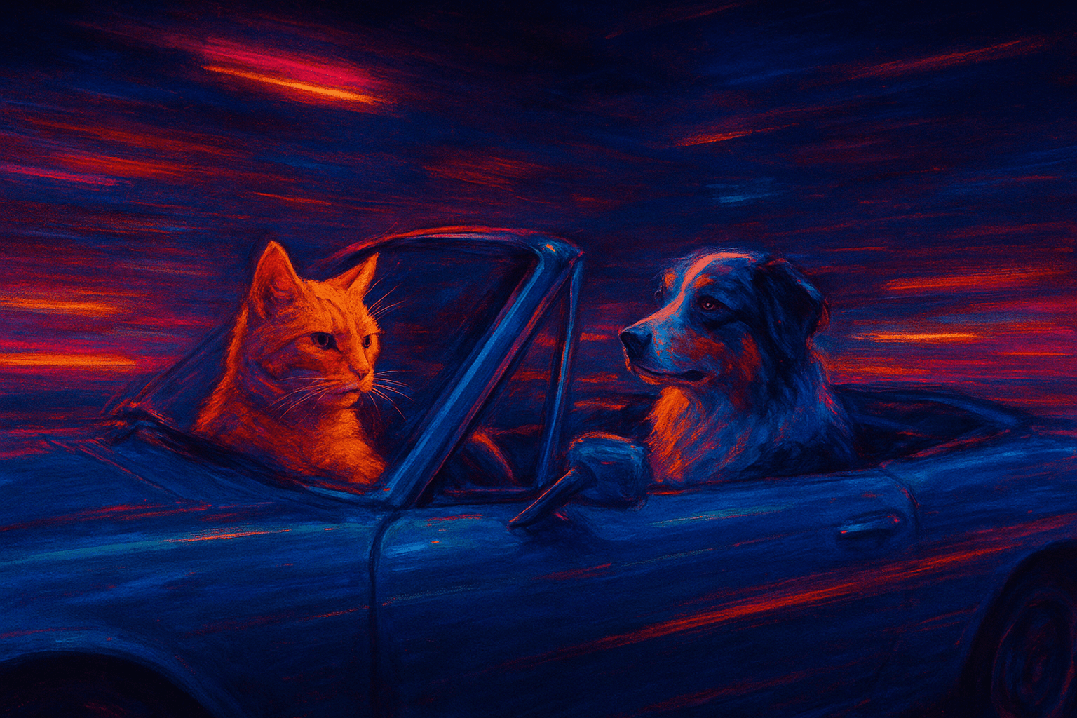 Neon Horizon Noir: directional, high-contrast lighting with moody ambience; volumetric glow and subtle haze; painterly digital rendering with crisp edges; bold, complementary color theory and synthetic grain; dynamic perspective with shallow DOF; glassy reflections and specular highlights; motion cues via light trails to imply speed; abstracted light behavior inspired by impressionist practice; cinematic composition and camera-aware framing
Model: openai:gpt-image-1-mini