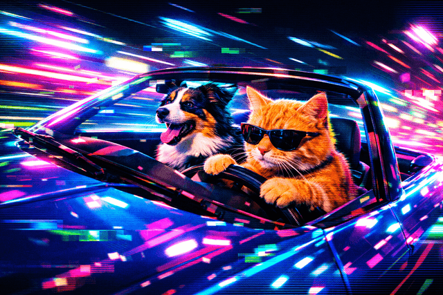 Dynamic neon glitch aesthetic; vivid cyberpunk color palette with electric blues, fuchsias, and lime greens; sharp, hard-edged backlighting and vibrant reflections; digital pixelation and subtle scanline artifacts; extreme wide-angle lens perspective with distorted edges; strong sense of motion blur and digital noise; inspired by retrofuturist graphic design and experimental video art
Model: openai:gpt-image-1.5