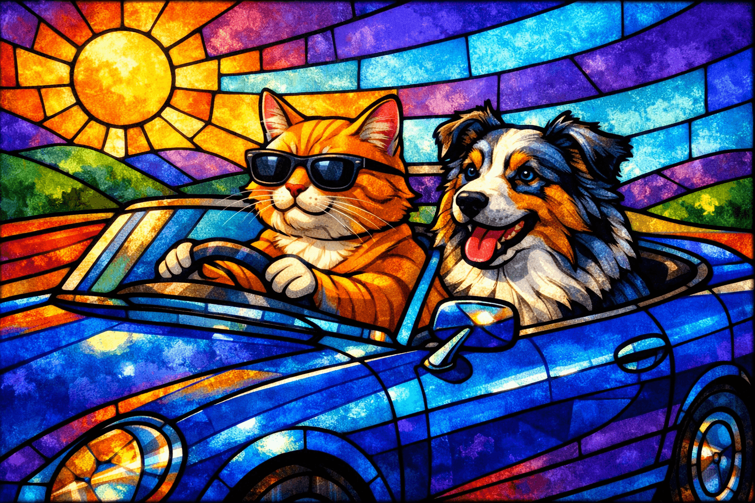 Art movement/medium: stained glass aesthetic; Rendering technique: vibrant, translucent color panes with thick, dark lead lines; Color palette scheme: jewel-toned, complementary palette with high saturation and strong contrast; Lighting mood + source: luminous backlighting creating glowing effects and minimal shadows; Texture/material/surface: polished, reflective glass surface with subtle imperfections; Compositional approach: geometric, segmented layout with strong visual rhythm and abstract forms
Model: openai:gpt-image-1.5