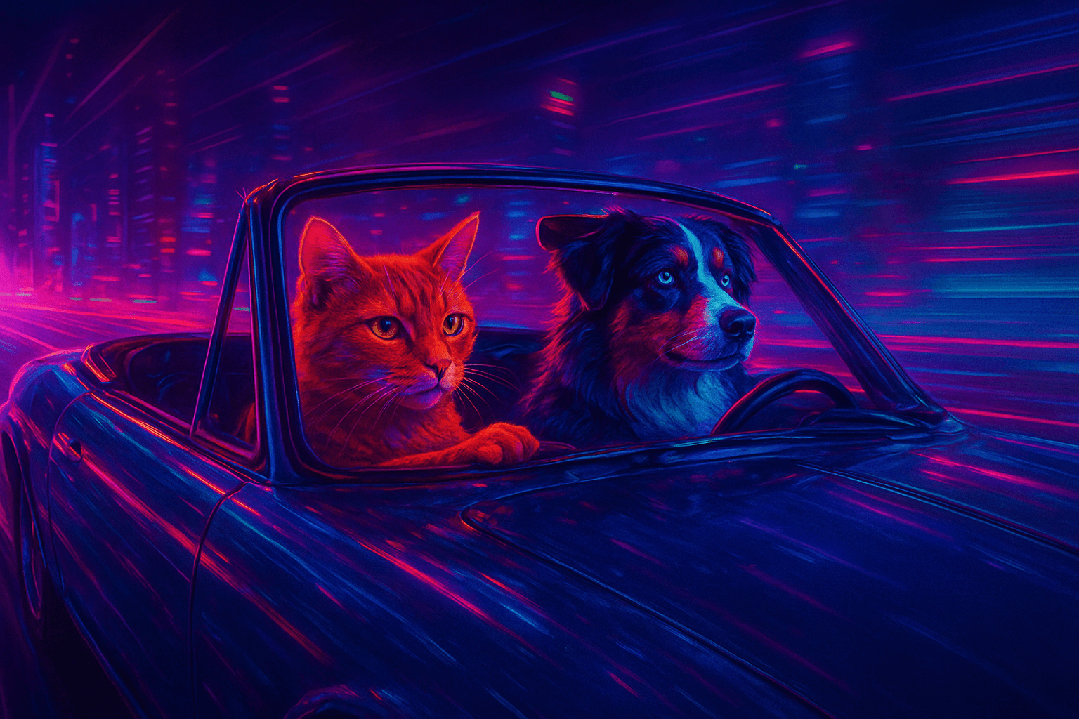 Vibrant neon-noir aesthetic with intense luminescent glow; deep saturated jewel tones against dark backdrops; crisp digital rendering with strong volumetric light shafts and reflective surfaces; dynamic wide-angle perspective; futuristic synthwave color grading with chromatic aberration and subtle scanline overlay; energetic composition with leading lines and depth; inspired by cyberpunk visuals and retro-futurism
Model: openai:gpt-image-1-mini