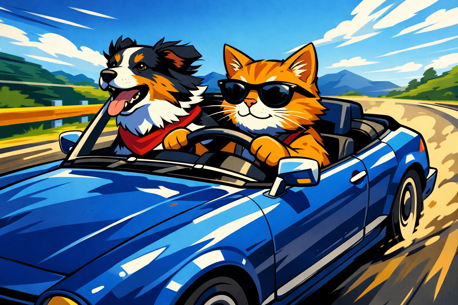 Dynamic cell-shaded rendering with bold outlines and flat color blocks; vibrant primary and secondary palette; strong directional light creating crisp shadows and focused highlights; graphic novel influence with energetic composition and dramatic perspective; clean visual separation and sharp edges; stylized depth of field with distinct foreground-background layering
Model: openai:gpt-image-1.5