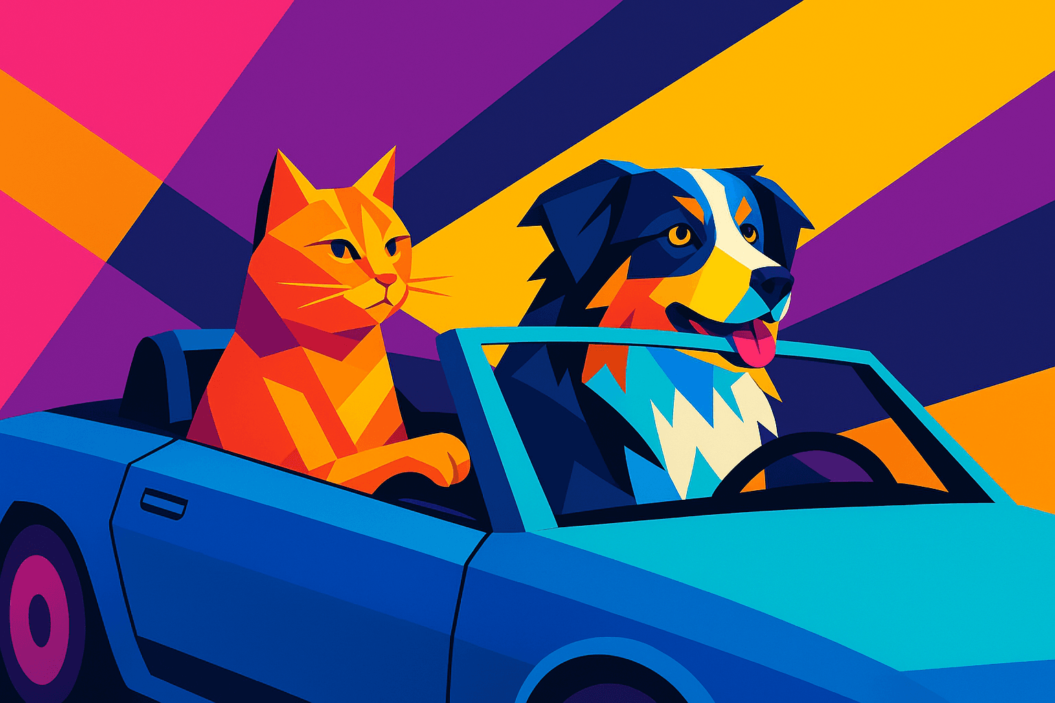 Abstract geometric composition; bold, flat shapes with sharp, clean edges; vibrant neon color palette with high contrast complementary hues; hard, angular shadows and stark, unmodulated lighting; minimal texture with smooth gradient fills; dynamic asymmetry and forced perspective; inspired by op art and digital vector graphics
Model: openai:gpt-image-1-mini