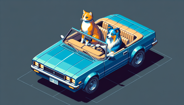 Art movement/medium: isometric pixel art aesthetic; Rendering technique: crisp, anti-aliased pixel grids with clean lines and uniform color blocks; Color palette scheme: limited primary palette with high saturation and bold complementary accents; Lighting mood + source: soft, diffused ambient light with subtle, even shading; Texture/material/surface: smooth, digital screen surface with a slight glow and precise pixel definition; Compositional approach: balanced, orthogonal composition with clear visual hierarchy and a sense of retro-futurism; inspired by early video game graphics and digital art
Model: openai:dall-e-3
Revised prompt: Create a digital rendering in a isometric pixel art aesthetic. Emphasis on crisp, anti-aliased pixel grids, clean lines, and uniform color blocks. The color palette is limited yet highly saturated, featuring bold accents of primary and complementary colors. The piece should capture the soft, diffused ambient light creating subtle, even shading. The digital screen surface should be smooth with a faint glow and precise pixel definition. Maintain a balanced, orthogonal composition with a clear visual hierarchy and a touch of retro-futurism – reminiscent of early video game graphics and digital art. The central focus of the image, rendered in Full HD quality (1536x1024), is a ginger color cat driving a blue convertible with a blue merle Australian Shepherd sitting in the passenger seat. Both animals are facing forward and the vehicle is moving from right to left. The shot is medium-wide, with the car occupying a dominant space in the frame while maintaining a 16:9 aspect ratio.