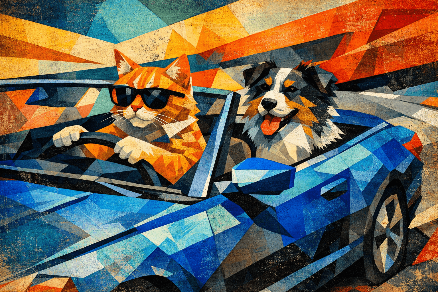 Geometric cubist fragmentation with bold intersecting planes; vibrant complementary color blocking; sharp angular contours and layered dimensional facets; dynamic high-contrast lighting with stark directional shadows; textured mixed-media surface integration; abstracted spatial relationships with multiple perspectives; inspired by synthetic cubism and contemporary digital collage techniques
Model: openai:gpt-image-1.5