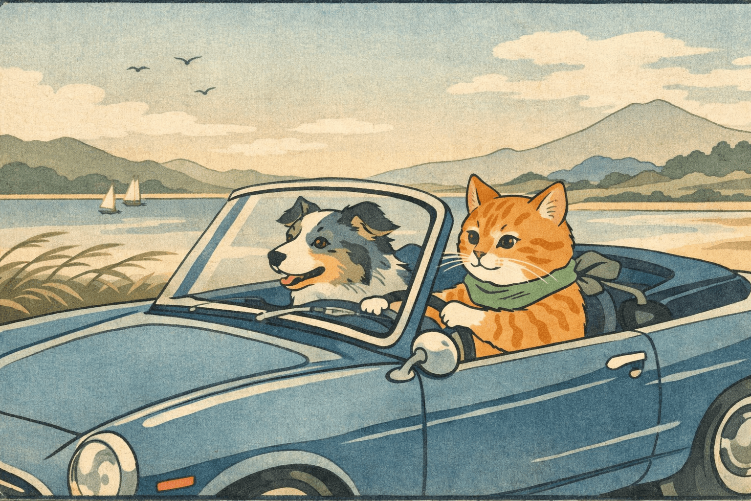 Art movement/medium: Ukiyo-e woodblock print aesthetic; Rendering technique: layered flat color planes with crisp, organic edges and subtle wood grain texture; Color palette scheme: muted, earthy tones with limited, harmonious colors and soft gradients; Lighting mood + source: soft, diffused ambient light with minimal shading and gentle highlights; Texture/material/surface: matte, textured paper with subtle organic grain; Compositional approach: balanced, flowing composition with organic lines and harmonious visual rhythm
Model: openai:gpt-image-1.5