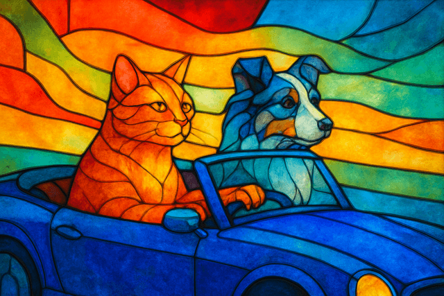 Art movement/medium: contemporary stained glass aesthetic; Rendering technique: luminous, translucent color fields with strong leading lines and subtle internal refractions; Color palette scheme: vibrant jewel-tone palette with high saturation and contrasting cool/warm sections; Lighting mood + source: ethereal, back-lit illumination creating glowing effects and minimal, soft shadows; Texture/material/surface: smooth, polished glass surface with subtle imperfections and visible solder lines; Compositional approach: fragmented, mosaic composition with interlocking geometric and organic shapes, emphasizing light play; inspired by Art Nouveau and modern abstract glass art
Model: openai:gpt-image-1