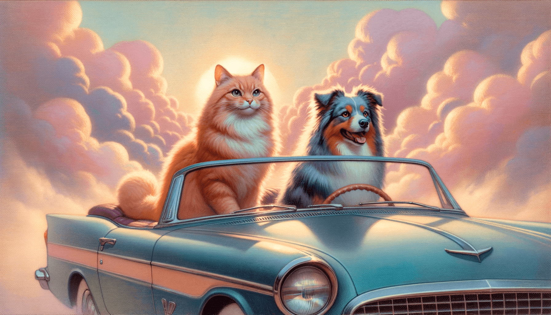 Gouache and soft pastel illustration; wet-on-wet brushwork with visible strokes and soft edge blooms; pastel complementary palette of warm peach, cool lavender, dusty mint and cream; soft diffuse backlit glow creating gentle halos; velvety paper surface with subtle pigment bloom and light deckle; centered layered radial composition with calm balance
Model: openai:dall-e-3
Revised prompt: Create a gouache and soft pastel illustration using wet-on-wet brushwork with visible strokes and soft edge blooms. The color palette should consist of pastel complementary shades of warm peach, cool lavender, dusty mint, and cream, with a soft diffuse backlit glow creating gentle halos. The surface should look like velvety paper with subtle pigment bloom and light deckle. The central subject is a ginger cat, driving a blue convertible from right to left, with a blue merle Australian Shepherd as the passenger, both facing forward in a medium-wide shot. The composition should be layered radially with a sense of calm balance. The image should have a 16:9 aspect ratio, Full HD quality (1536x1024), and high resolution.