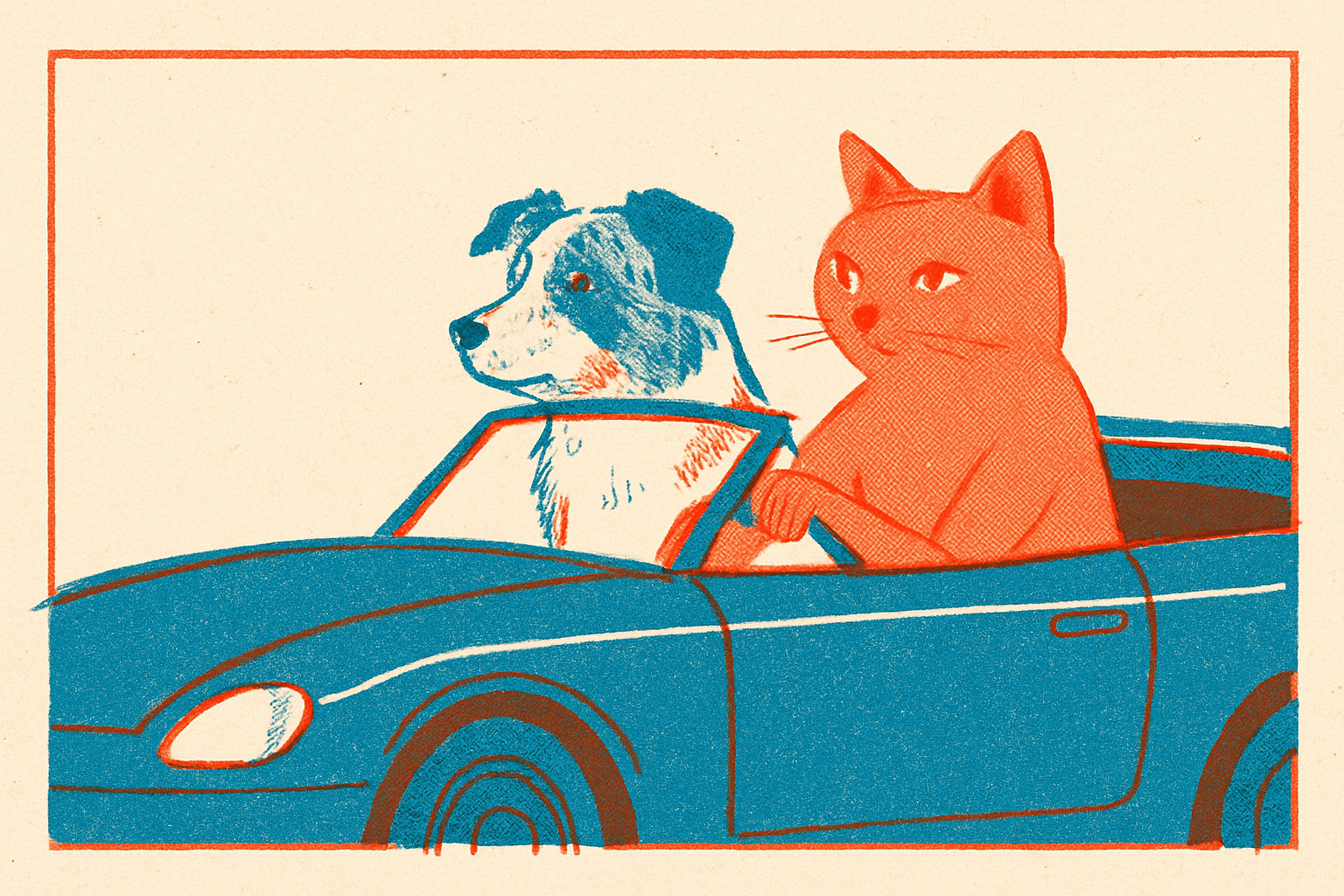 Art movement/medium: risograph zine print aesthetic; Rendering technique: bold halftone screens and limited spot-color overlays with intentional registration shifts; Color palette scheme: restrained duotone/triad using warm vermilion and cool cyan with a neutral paper tone; Lighting mood + source: flat, print-like illumination with subtle cast of paper edge shadow; Texture/material/surface: coarse paper grain with visible ink bleed and slight imperfect edges; Compositional approach: graphic, panel-like asymmetrical layout with strong negative space and layered overlays
Model: openai:gpt-image-1