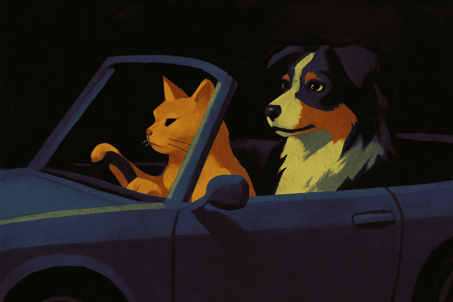 Low-key chiaroscuro mood with deep shadow planes and focused spot illumination; muted complementary palette (violet vs chartreuse accents); gouache-like flat brush rendering with subtle paper tooth; restrained halftone accents and matte highlights; tight graphic composition with slightly tilted camera framing and deliberate negative space; modern editorial art direction
Model: openai:gpt-image-1