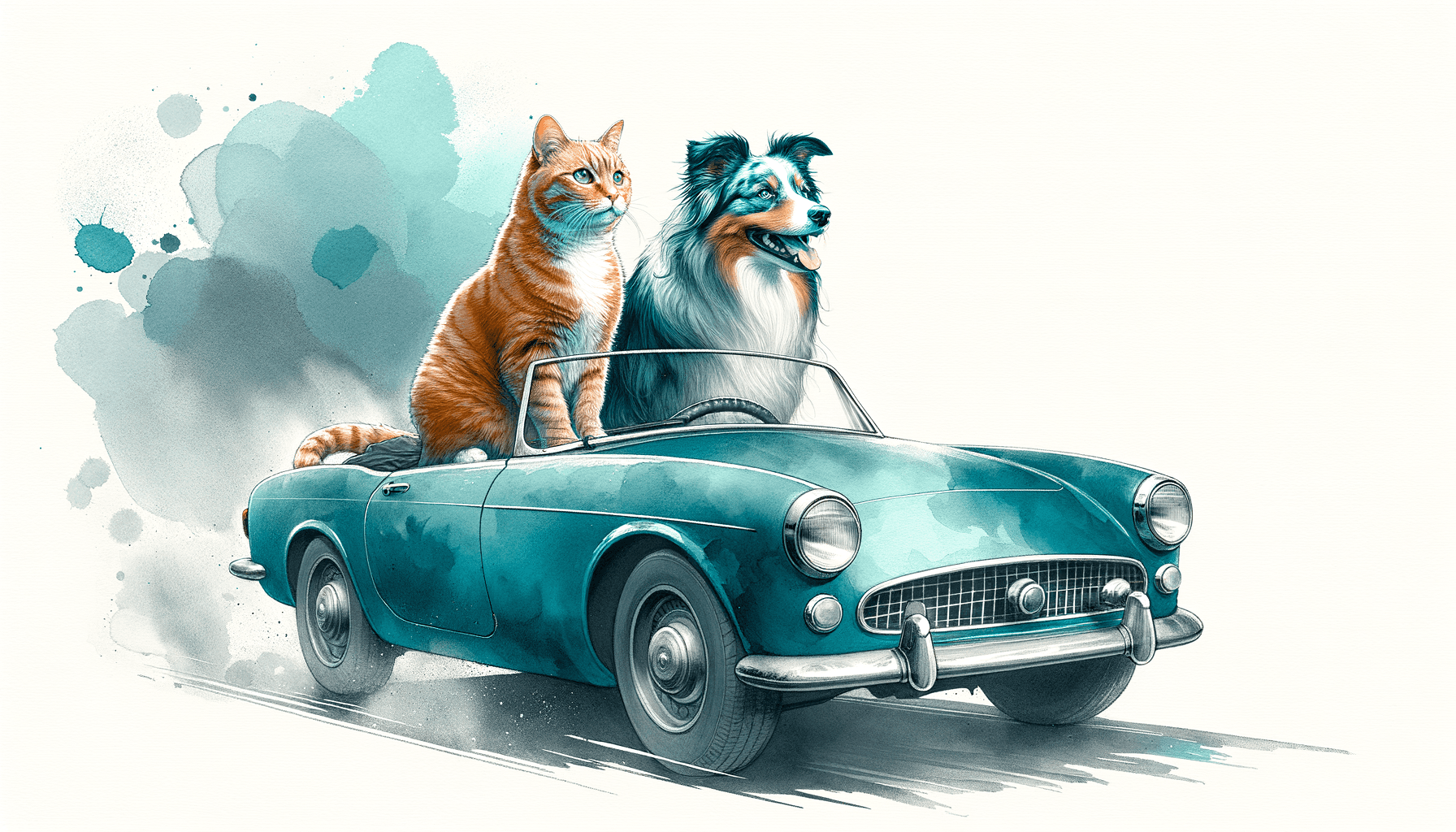 Delicate watercolor wash with iridescent sheen; cool monochromatic teal-blue palette with muted silver accents; soft diffuse backlighting producing gentle bloom; layered translucent pigments on subtle paper grain; loose organic brush edges and restrained contrast; airy, calm composition with modern illustrative restraint
Model: openai:dall-e-3
Revised prompt: Render a serene and peaceful image showing a ginger cat driving a blue convertible with a blue merle Australian Shepherd as the passenger. Both animals should face forward, and the car should be moving from right to left. The artwork should have a cool monochromatic teal-blue palette, be made with loose organic brush edges, and have a muted silver accent. Make sure to achieve a delicate watercolor wash effect, along with soft, diffuse backlighting that produces a gentle bloom. The depth of the artwork is achieved by layering translucent pigments on a hint of paper grain, expressing modern illustrative restraint. Picture it in a 16:9 aspect ratio with Full HD quality (1536x1024), ensuring high resolution.