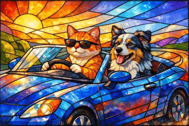 Art movement/medium: contemporary stained glass aesthetic; Rendering technique: luminous, translucent color fields with strong leading lines and subtle internal refractions; Color palette scheme: vibrant jewel-tone palette with high saturation and contrasting cool/warm sections; Lighting mood + source: ethereal, back-lit illumination creating glowing effects and minimal, soft shadows; Texture/material/surface: smooth, polished glass surface with subtle imperfections and visible solder lines; Compositional approach: fragmented, mosaic composition with interlocking geometric and organic shapes, emphasizing light play; inspired by Art Nouveau and modern abstract glass art
Model: openai:gpt-image-1.5