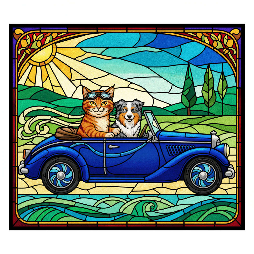 Stained glass mosaic aesthetic with leaded lines; vibrant jewel-toned palette with rich, deep colors; luminous backlighting creating glowing effects; textured glass surfaces and subtle imperfections; strong, graphic outlines and geometric segmentation; balanced, harmonious composition with intricate patterns; inspired by Art Nouveau and cathedral glass art
Model: gemini:gemini-2.5-flash-image