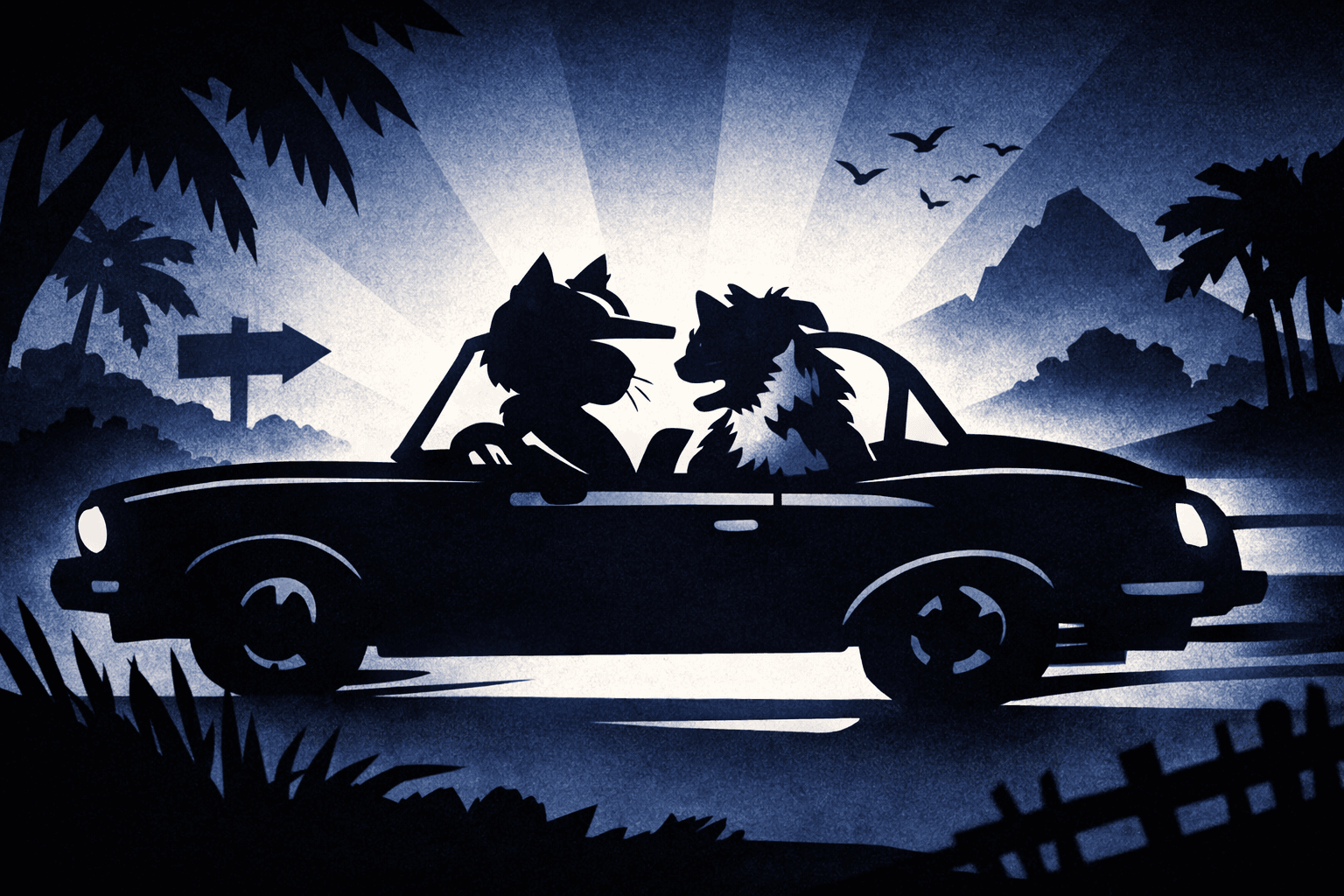 Shadow puppet theatre aesthetic with crisp, sharp-edged silhouettes; monochromatic palette of deep indigo and stark black; dramatic backlighting from a single strong light source; flat, matte textures with minimal detail; dynamic, layered composition with strong foreground/background separation; inspired by traditional wayang kulit and modern graphic illustration
Model: openai:gpt-image-1.5