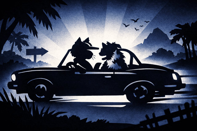 Shadow puppet theatre aesthetic with crisp, sharp-edged silhouettes; monochromatic palette of deep indigo and stark black; dramatic backlighting from a single strong light source; flat, matte textures with minimal detail; dynamic, layered composition with strong foreground/background separation; inspired by traditional wayang kulit and modern graphic illustration
Model: openai:gpt-image-1.5