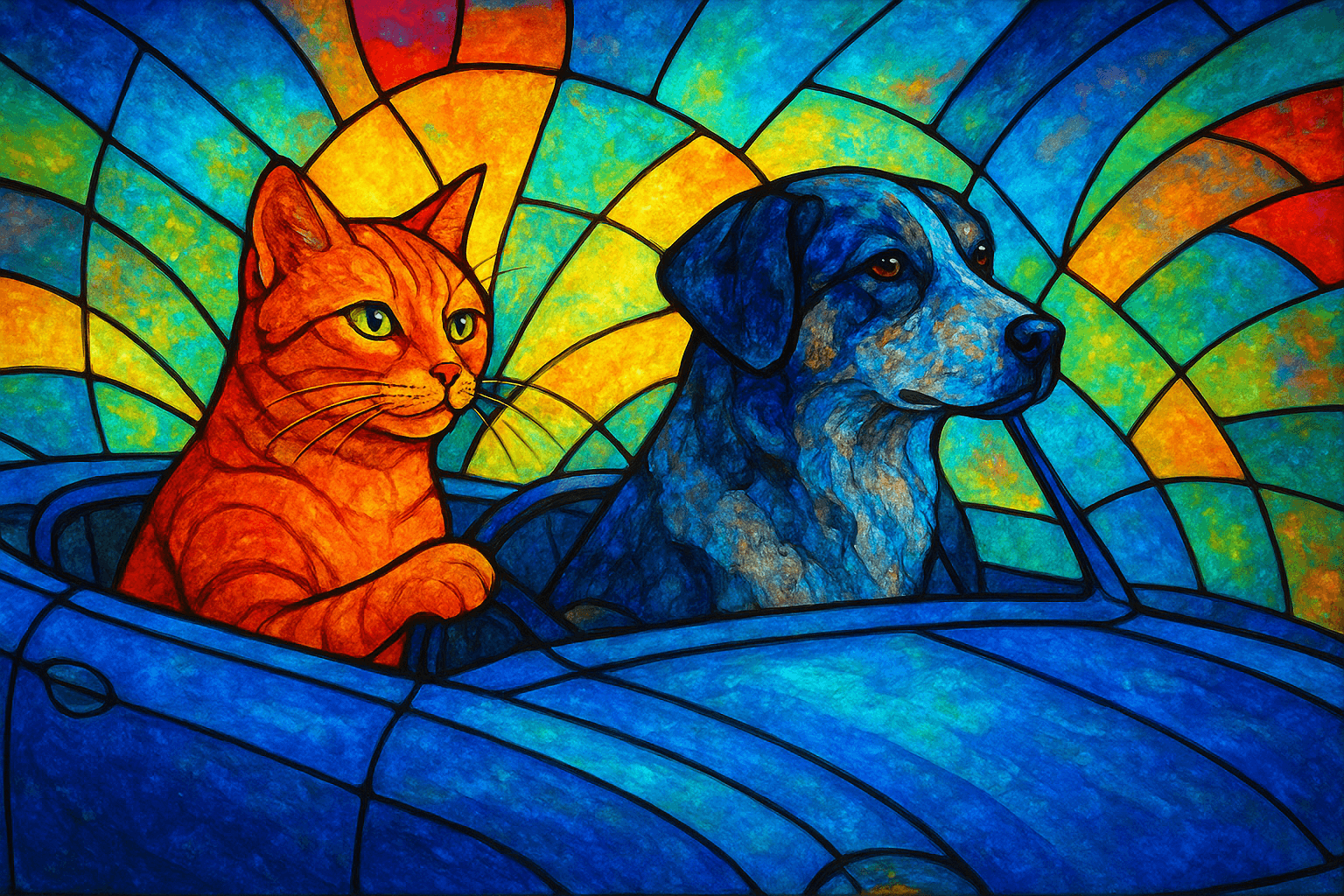 Art movement/medium: contemporary stained glass aesthetic; Rendering technique: luminous, translucent color fields with strong leading lines and subtle internal refractions; Color palette scheme: vibrant jewel-tone palette with high saturation and contrasting cool/warm sections; Lighting mood + source: ethereal, back-lit illumination creating glowing effects and minimal, soft shadows; Texture/material/surface: smooth, polished glass surface with subtle imperfections and visible solder lines; Compositional approach: fragmented, mosaic composition with interlocking geometric and organic shapes, emphasizing light play; inspired by Art Nouveau and modern abstract glass art
Model: openai:gpt-image-1-mini