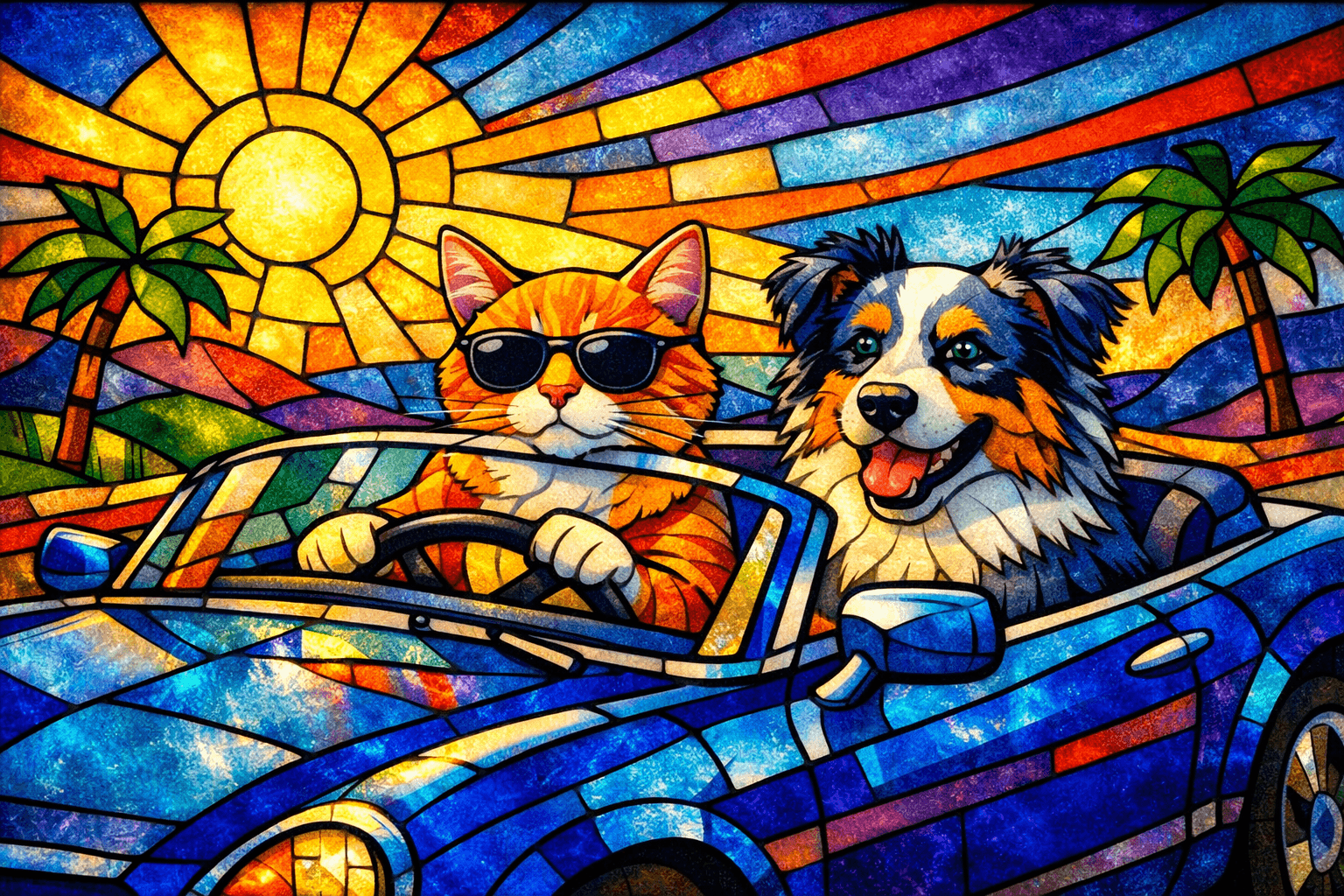 Art movement/medium: stained glass mosaic aesthetic; Rendering technique: segmented, interlocking color planes with bold leading edges; Color palette scheme: rich jewel-tone palette with high saturation and strong contrast; Lighting mood + source: luminous backlighting with soft internal glow and minimal shadow; Texture/material/surface: smooth, translucent glass surface with subtle textural variations; Compositional approach: balanced, symmetrical composition with strong visual rhythm and harmonious color flow
Model: openai:gpt-image-1.5