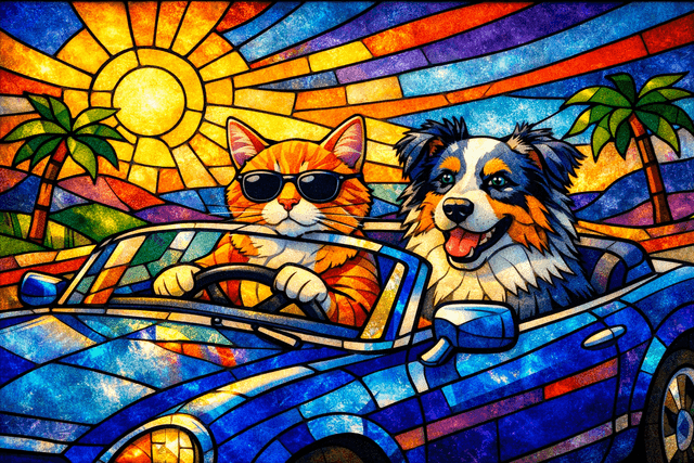 Art movement/medium: stained glass mosaic aesthetic; Rendering technique: segmented, interlocking color planes with bold leading edges; Color palette scheme: rich jewel-tone palette with high saturation and strong contrast; Lighting mood + source: luminous backlighting with soft internal glow and minimal shadow; Texture/material/surface: smooth, translucent glass surface with subtle textural variations; Compositional approach: balanced, symmetrical composition with strong visual rhythm and harmonious color flow
Model: openai:gpt-image-1.5