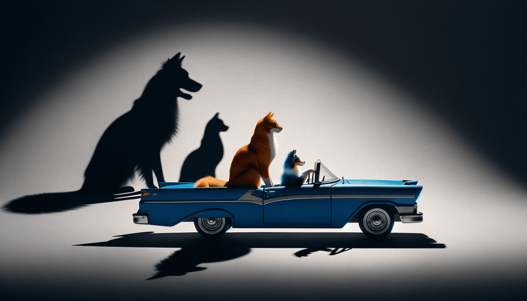 Art movement/medium: shadow puppet theatre aesthetic; Rendering technique: sharp, deep silhouettes with minimal internal detail and crisp, clean edges; Color palette scheme: stark monochromatic black and white with a single, subtle accent color; Lighting mood + source: strong, singular backlighting creating dramatic, elongated shadows; Texture/material/surface: smooth, flat, matte surface with a slight translucent quality; Compositional approach: minimalist, layered arrangements emphasizing negative space and dramatic depth through shadow play; inspired by traditional shadow puppetry and minimalist graphic art
Model: openai:dall-e-3
Revised prompt: Produce an image in shadow puppet theatre aesthetic, using sharp, deep silhouettes with minimal internal detail and clean edges. The color palette scheme should be stark monochromatic black and white with a single, subtle blue accent color. Provide strong, singular backlighting to create dramatic, elongated shadows. Use a smooth, flat, matte surface with a slight translucent quality. The composition should be minimalist, layered arrangements emphasizing negative space and dramatic depth through shadow play. The subject is a ginger cat, driving a blue convertible, and a blue merle Australian Shepherd as the passenger, both facing forward. The car moves from right to left shot in a medium-wide angle. The aspect ratio should be 16:9, Full HD quality (1536x1024), and high-resolution.