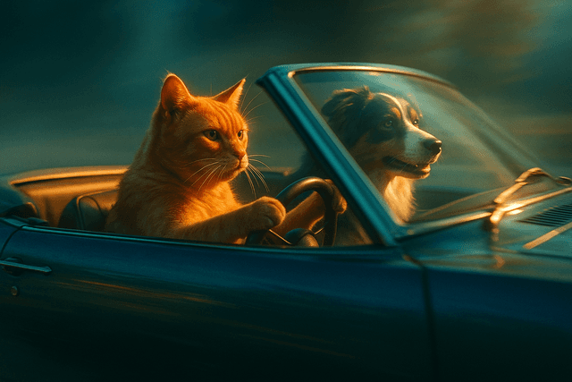 Cinematic, high dynamic range with teal-orange color grading; dramatic rim lighting; soft volumetric haze; shallow depth of field at mid-long focal length; subtle film grain; painterly digital rendering with crisp edges; glassy reflections and specular highlights; motion blur to imply speed; precise camera framing with a 16:9 composition; clean silhouette separation; emphasis on light behavior and color temperature
Model: openai:gpt-image-1