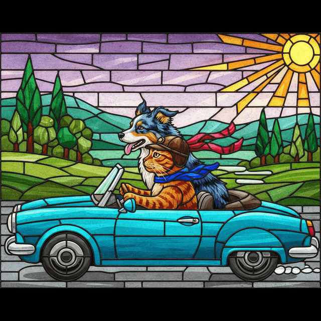 Stained-glass mosaic aesthetic; art movement/medium: stained-glass mosaic; rendering technique: bold leaded outlines with segmented flat color panes; color palette scheme: jewel-tone spectrum with saturated complementary accents; lighting mood + source: strong transmitted light producing internal luminosity; texture/material/surface: faceted glass sheen with subtle bevel highlights; compositional approach: geometric rhythm and balanced tessellation
Model: gemini:gemini-2.5-flash-image