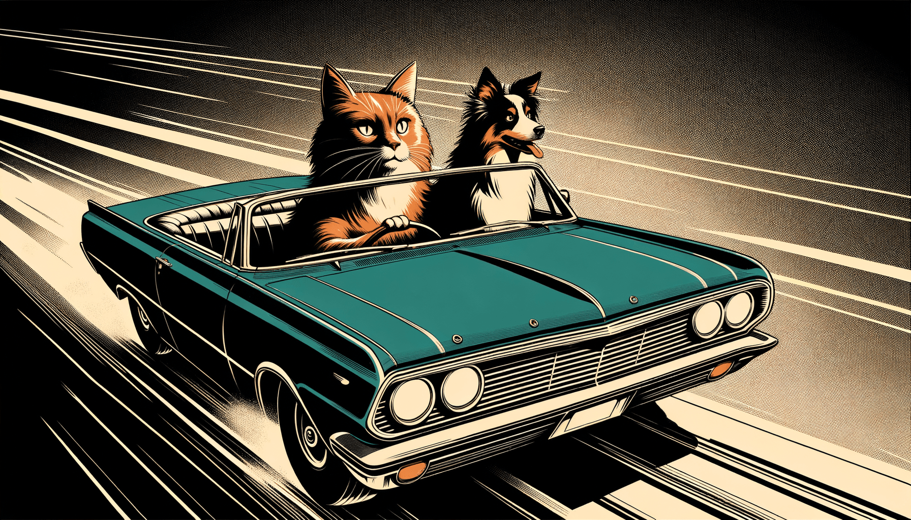 Bold graphic novel aesthetic; dramatic low-key lighting with stark chiaroscuro and deep, rich shadows; monochromatic palette with strong sepia or desaturated teal accents; sharp, clean linework and flat, impactful color blocking; strong directional light source creating long, exaggerated shadows; high contrast and simplified forms; dynamic, angled composition with a sense of tension; inspired by classic comic art and neo-noir cinematography
Model: openai:dall-e-3
Revised prompt: An image drawn in a bold graphic novel style featuring dramatic low-key lighting synergizing stark chiaroscuro displays with deep and rich shadows. The image has a monochromatic palette accented with intense sepia or desaturated teal hues. Expect sharp, clean linework, flat color blocking, and a strong directional light source that results in long, exaggerated shadows. The artwork employs high contrast, simplified forms, and a dynamic, angled composition exhibiting tension, inspired by classic comic art and neo-noir cinematography. The subject of this 16:9 aspect ratio, Full HD quality image is a ginger cat driving a blue convertible car, with an Australian Shepherd as the co-passenger, both facing forward. The car is depicted moving from right to left in a medium-wide shot.